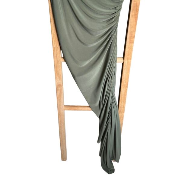 Norma Kamali Strapless Diana Ruched Dress Stretch Midi Olive Green Size XL - Picture 9 of 13